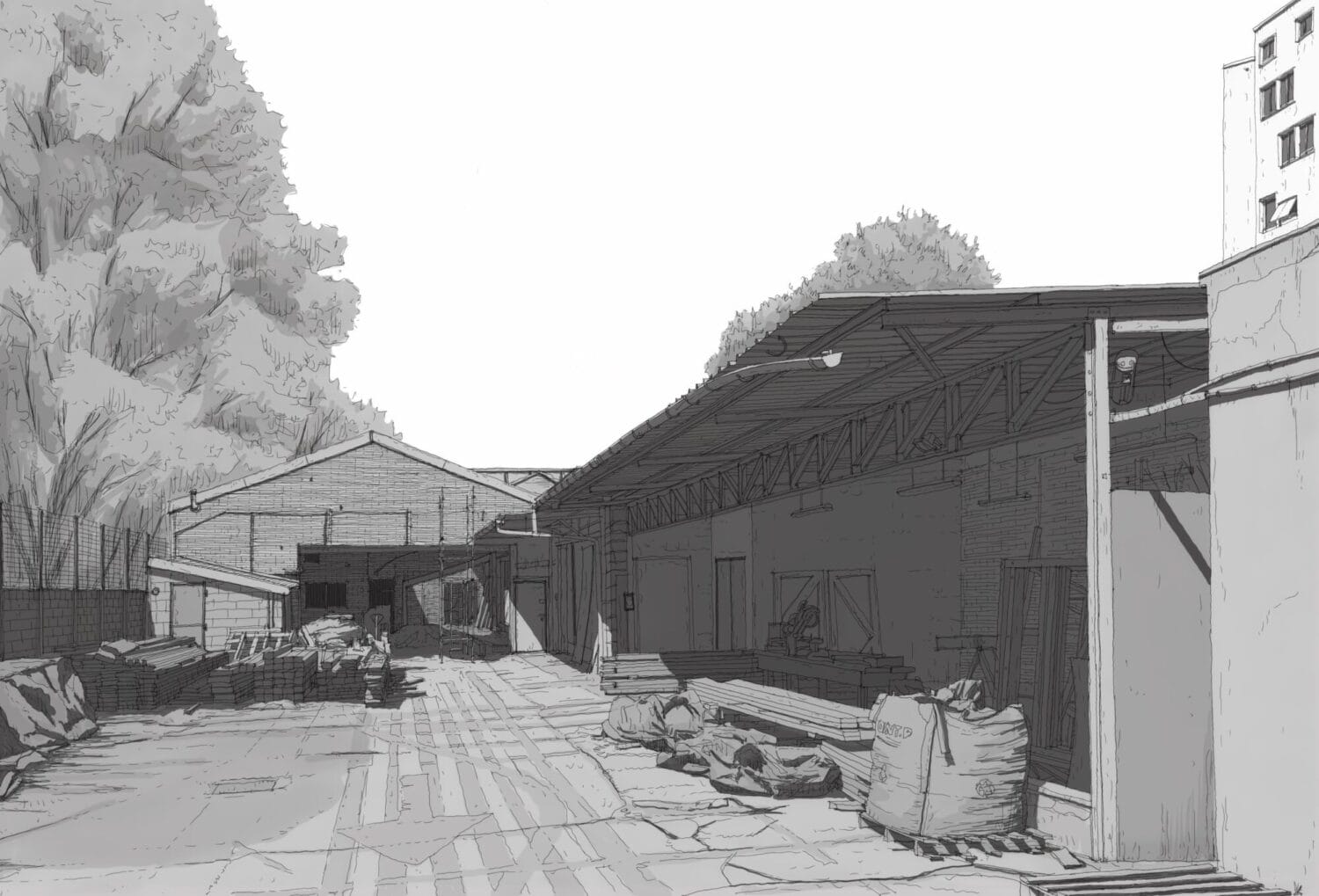 dessin en noir et blanc du bâtiment existant La Balise sur l'Ile-Saint-Denis - crédit Clément Gy