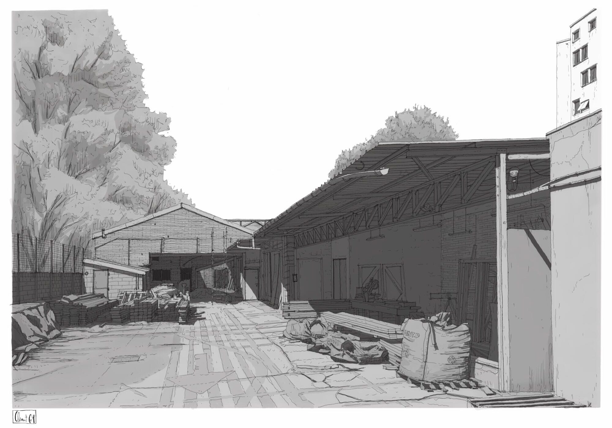 ILE SAINT DENIS_ La Balise_DESSIN CLEMENT GY dessin en noir et blanc du bâtiment existant de La Balise sur l'Ile-Saint-Denis - crédit Clément Gy