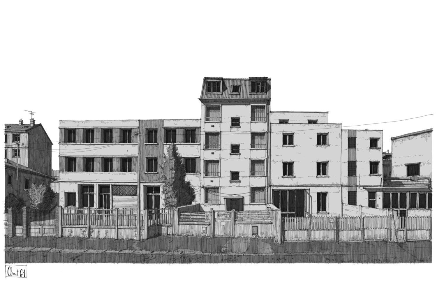 PRUDHON_DESSIN CLEMENT GY Dessin en noir et blanc de l'état existant de l'ilot Prudhon à Ivry-sur-Seine - crédit Clément Gy