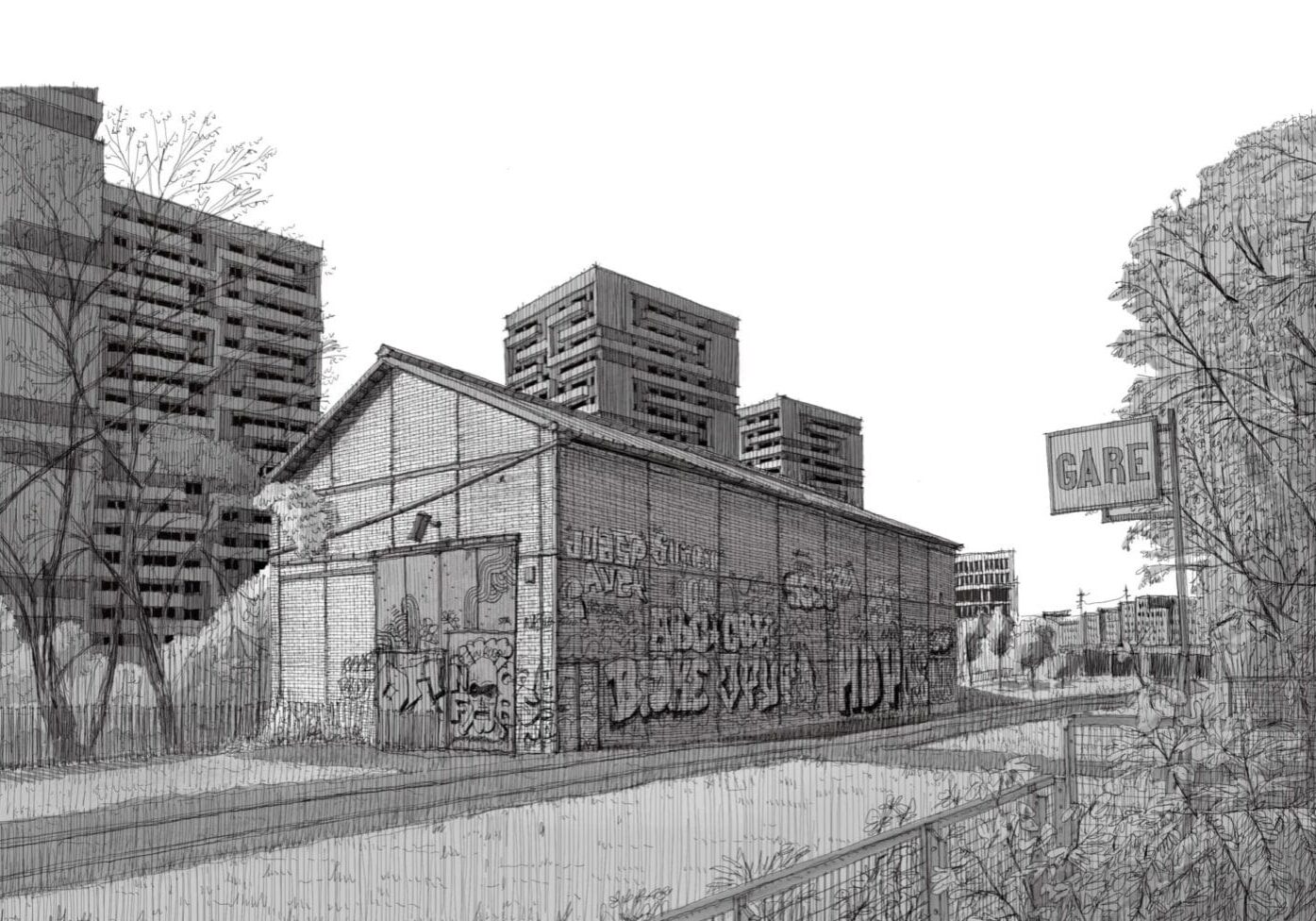 dessin en noir et blanc du bâtiment existant Le TLM à Paris 19ème - crédit Clément Gy